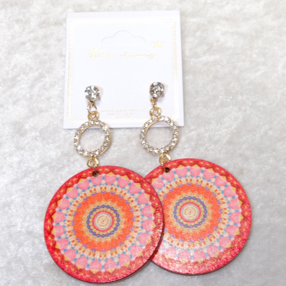 BOHO Round Wood Crystal Earrings Orange Gold Tone - Picture 2 of 2